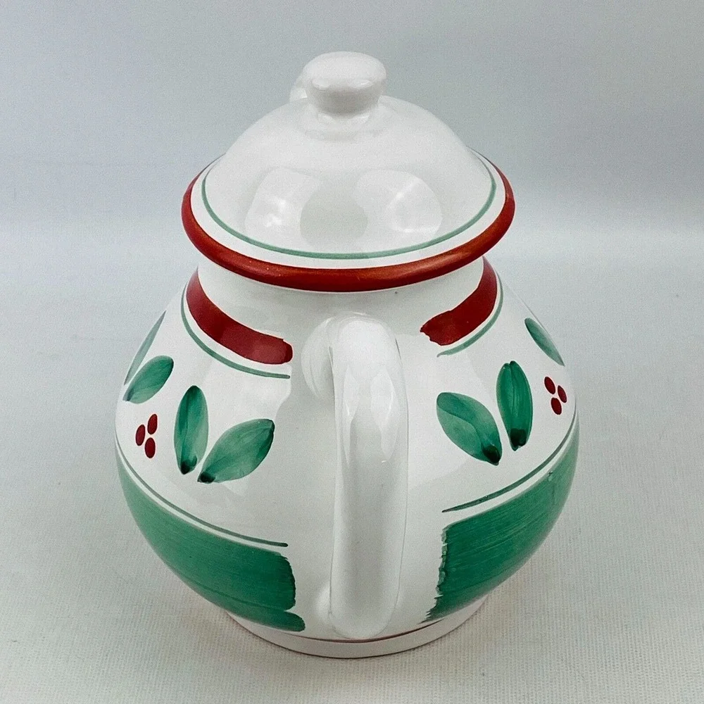 Caleca Teapot Red Berries Trim Green Leaves Band Stripe White Hand Painted Italy